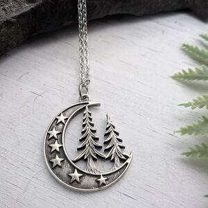 Silver Moon & Pine Tree Pendant Necklace - Women Jewelry